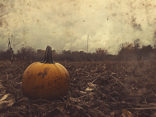 Pumpkin lies in the middle of a creepy field creating a dark and ominous halloween mood