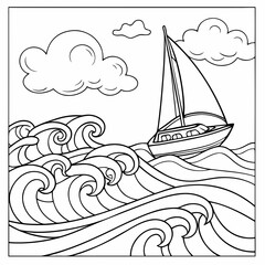 Ocean waves and sailing boat, coloring