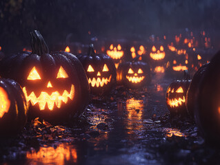 Creepy jack o lantern glows on the street in the dark of halloween night. Halloween celebration concept banner