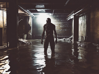 Scary zombies and monsters wander through an abandoned old building on halloween, halloween night