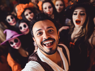 Group of people celebrate halloween together with costumes and festive spirit