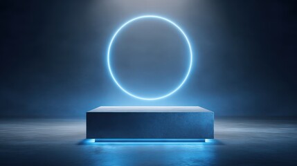 Beautiful photo of vibrant photo of empty blue podium floating in the air with blue neon ring on background.