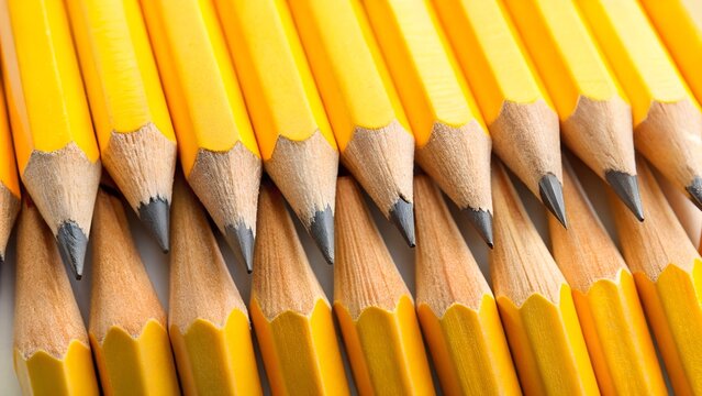 Sharp yellow pencils lined up creating a vibrant, dynamic pattern for creative projects and educational needs