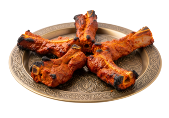 Grilled, spiced ribs arranged attractively on a decorative, ornate brass platter, showcasing rich reddish-brown colors and a slightly charred exterior.