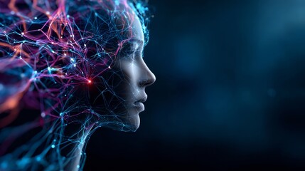 Abstract digital neural network forming a human face, blending technology and human consciousness. Ideal for AI, innovation, and futuristic themes.