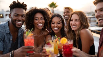 Cheerful diverse friends celebrating with tropical cocktails at rooftop bar during golden hour. Happy people enjoying drinks and socializing outdoors.