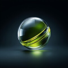 A sleek glass sphere with a glowing neon green core on a dark background, captured in a high-contrast minimalistic style.