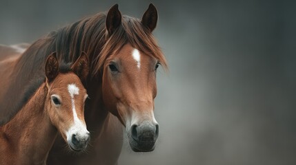 Obraz premium Horses standing together in a misty environment, highlighting their close bond and grace during a quiet moment