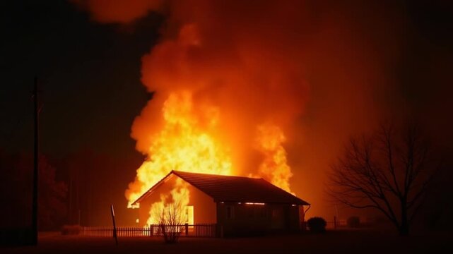 Huge fire blazing in residential building. House is engulfed in flames at night during the disastrous