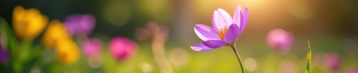 Fototapeta premium Thriving purple flower in sunny spring garden , leaves, bloom, thriving