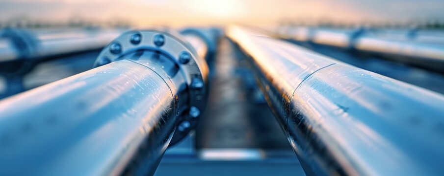 Shiny steel oil and gas pipelines with flanged joints at sunrise.