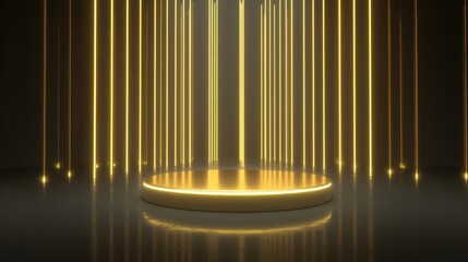 Beautiful photo of vibrant photo of gold empty podium floating in the air in dark scene with wall of line vertical gold neon lamps around.