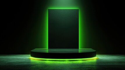 Beautiful photo of vibrant photo of 3D render, black background with green neon light podium platform for product presentation scene.