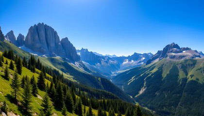 Fototapeta premium Scenic mountain landscape with green valley and rocky peaks under a clear blue sky.