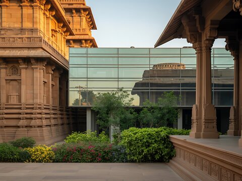 Exterior view of the raas jodhpur, a heritage hotel in rajasthan, india, showcasing a modern glass structure integrated with traditional architecture, lush greenery, and a serene garden