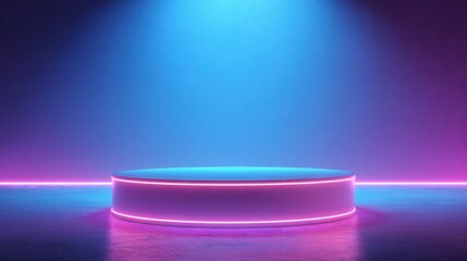 Beautiful photo of vibrant photo of empty light podium with neon on abstract background with copy space. Modern platform for product placement or montage, promotion, mock up.