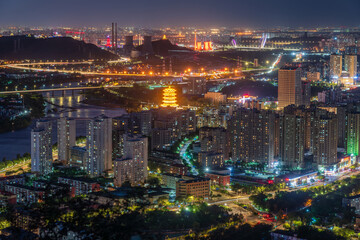 Naklejka premium Overlooking Bejing Mentougou district and Yongding river at night