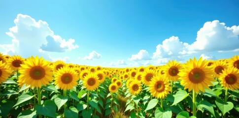 Vast sunflower field under a brilliant blue sky, design, scenic, horizon