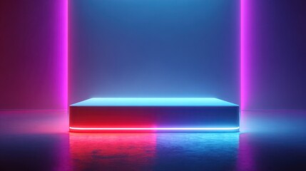 Beautiful photo of vibrant photo of empty light podium with neon on abstract background with copy space. Modern platform for product placement or montage, promotion, mock up.