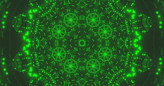 AI-generated abstract vibrant green patterns forming symmetrical glowing shapes on a dark background