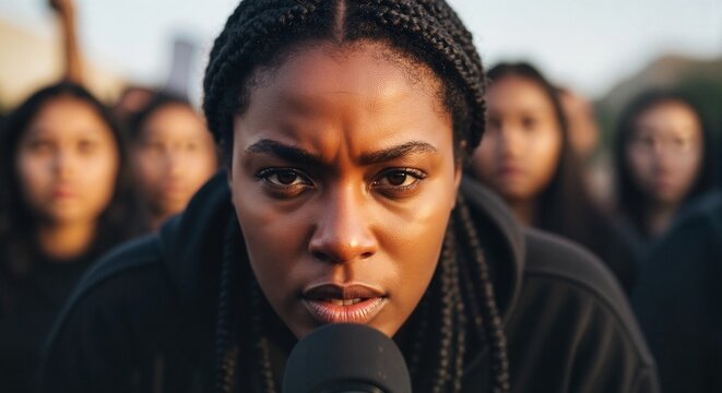Determined woman speaking passionately with a microphone