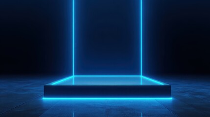 Beautiful photo of vibrant photo of 3D realistic empty blue podium stand with blue neon laser lines backdrop on dark blue background modern technology style.