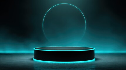 Beautiful photo of vibrant photo of circular turquoise neon podium with a halo effect, set against a dark, illuminated backdrop with minimalistic design elements, ideal for a.