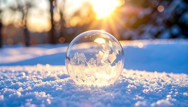 Frozen soap bubble on snow at sunset