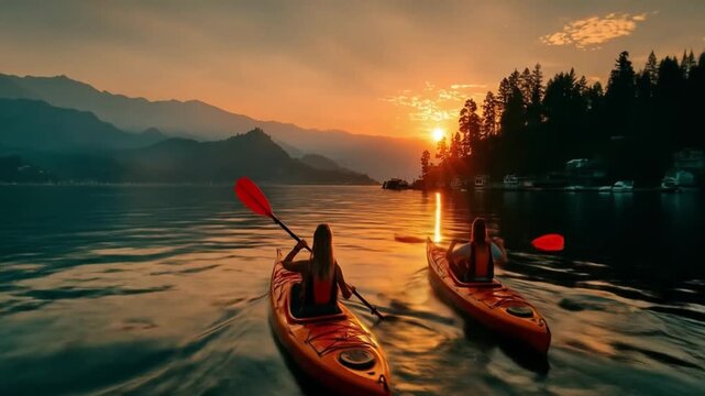 Kayakers sunset lake adventure