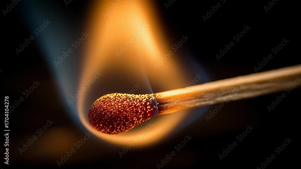 Poster close-up of a matchstick igniting with vibrant flames and smoke in a dark background setting