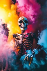 Terrifying skeleton appears in the mist creating a chilling halloween scene Halloween celebration concept
