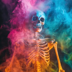A burning skeleton appears in a colored mist against a dark background, creating a spooky Halloween scene. Halloween celebration concept