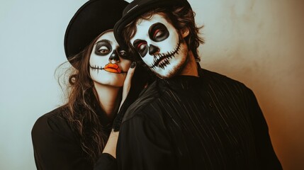 Couple in love, painted with terrifying Halloween makeup, posing together Halloween celebration concept
