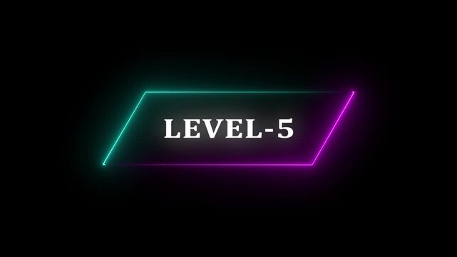 Glowing neon Level-05 text animation on black background. Game concept next level. Level Up text in the neon frame . Neon level up text animation . - Powered by Adobe
