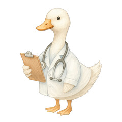 Duck doctor holding clipboard with stethoscope in white coat