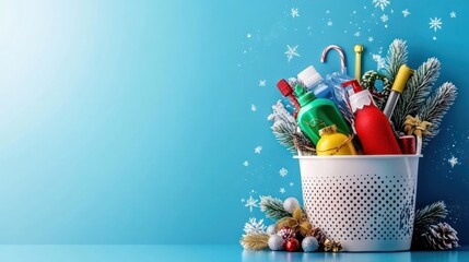 Holiday cleaning supplies basket on blue