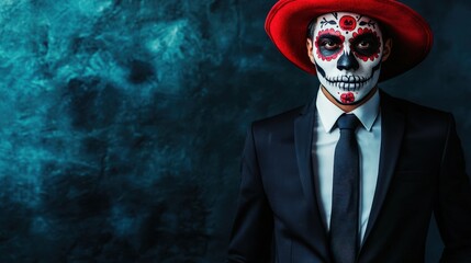 Boy painted as death in a black costume stands in mystical fog on halloween night