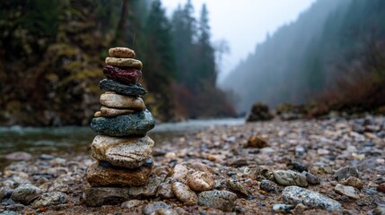 Rock cairn balances on stony shore, river receding into misty forest gorge