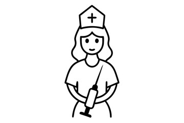 line art Nurse with syringe silhouette vector isolated on white background
