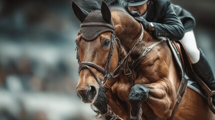 Horse and rider in dynamic action during equestrian competition at a stadium in the afternoon sun
