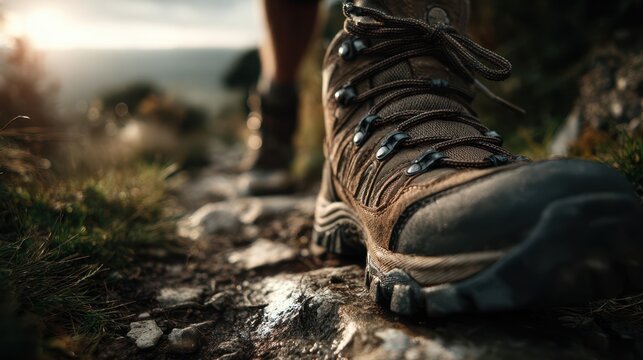 Hiker's boot on rocky trail during sunset in mountainous terrain, showcasing nature exploration and outdoor adventure