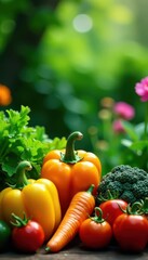 Vibrant veggies, ripe fruits, playful garden setting, organic, healthy