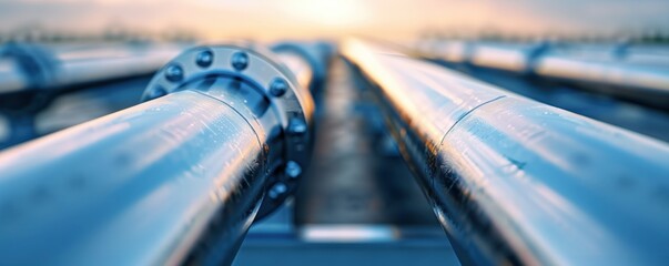 Shiny steel oil and gas pipelines with flanged joints at sunrise.