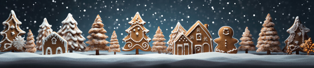 Decorated Gingerbread House with Sugar Glaze Surrounded by Fir Trees — Merry Christmas