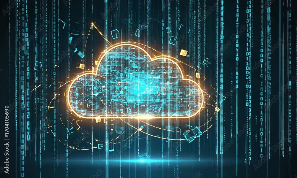 Poster glowing cloud surrounded by digital binary code streams and geometric shapes on dark blue background