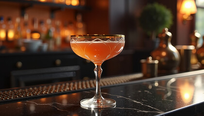 Elegant cocktail in a coupe glass on a polished marble bar with a warm ambiance