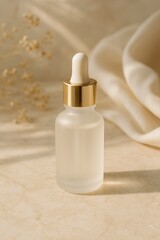 Elegant frosted glass serum dropper bottle with golden cap on a natural, illuminated beige background
