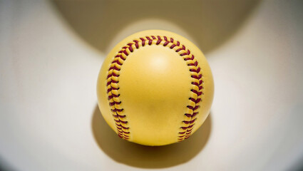 A close-up of a yellow softball with red stitching, placed on a light background