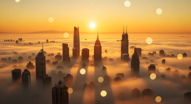 Panoramic Cityscape with Orange Sky during Sunrise and Foggy Weather at a Metropolis