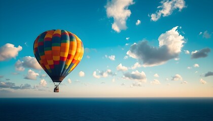 Fototapeta premium A vibrant hot air balloon floats serenely over the vast, calm ocean under a bright blue sky dotted with fluffy white clouds.